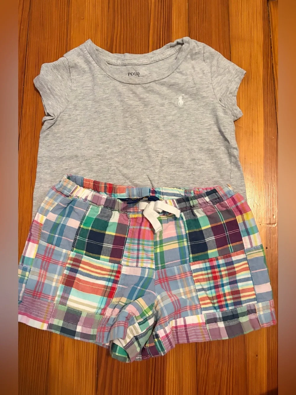 Ralph Lauren Gray Tee with Multicolor Plaid Shorts  Set